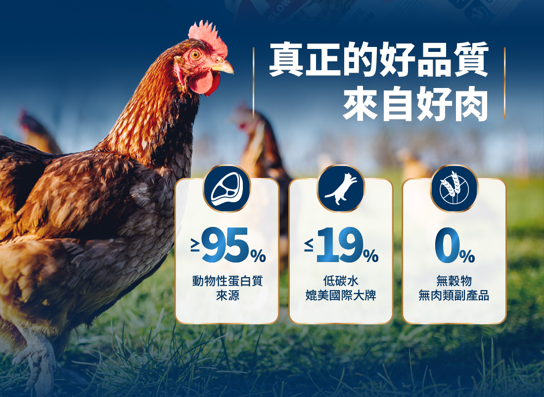 <strong>真正的好品質，來自好肉 </strong> ▸獨家益菌晶球 + 原肉凍乾 + 無穀飼料 ▸動物性蛋白>95%，補充優質蛋白質 ▸碳水化合物<19%，維持美麗體態 ☑無穀物，無使用肉類副產品 ☑符合AAFCO/NRC營養標準；HACCP、ISO22000雙認證