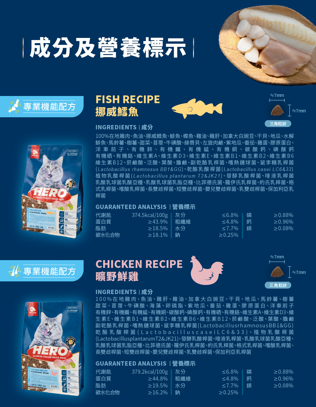 <strong>真正的好品質，來自好肉 </strong> ▸獨家益菌晶球 + 原肉凍乾 + 無穀飼料 ▸動物性蛋白>95%，補充優質蛋白質 ▸碳水化合物<19%，維持美麗體態 ☑無穀物，無使用肉類副產品 ☑符合AAFCO/NRC營養標準；HACCP、ISO22000雙認證